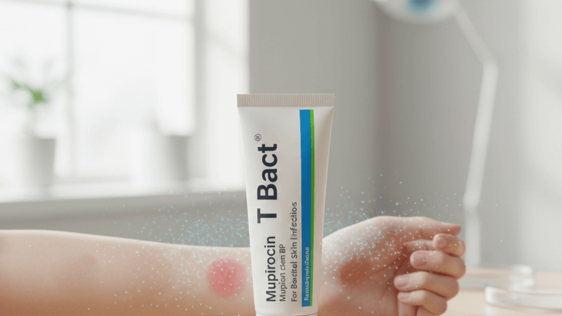 T Bact Mupirocin ointment tube beside red bacterial skin infection on arm for treatment relief.