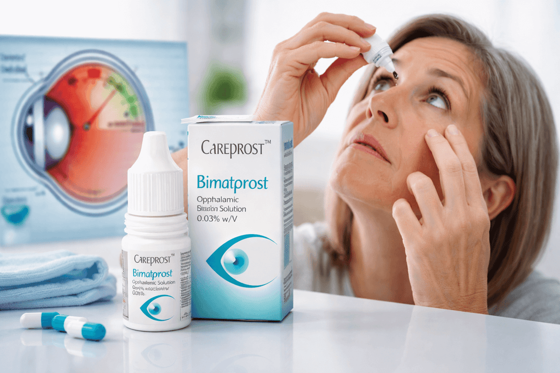 A woman applying Careprost eye drops for glaucoma with a bimatoprost 0.03% bottle and box displayed.
