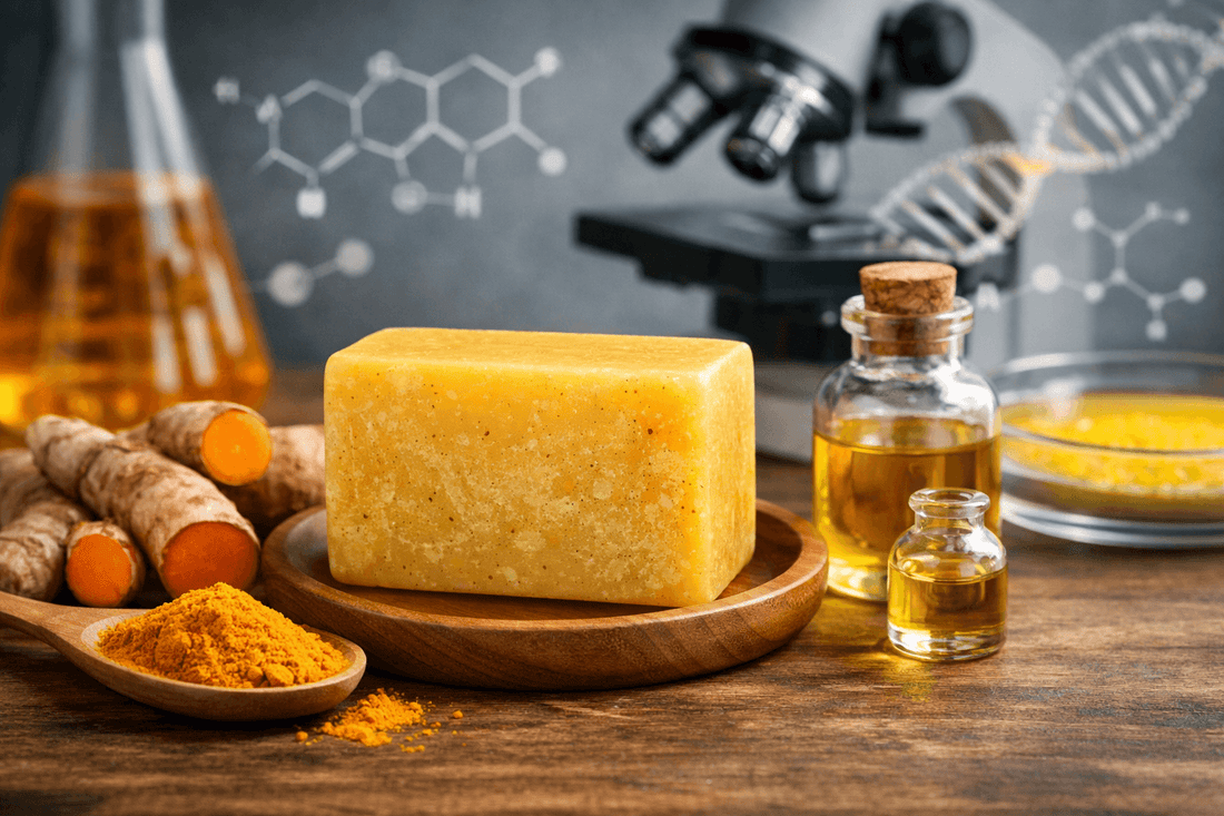 Turmeric soap bar with turmeric roots and oil on a wooden table