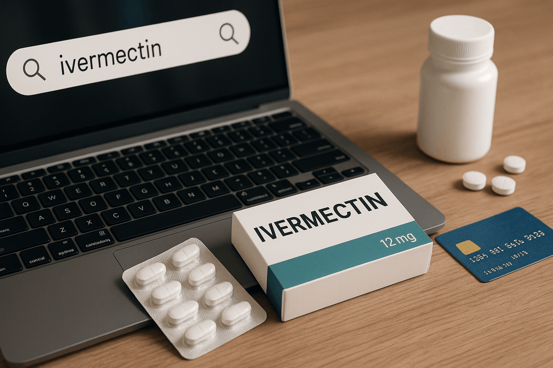 Ivermectin 12 mg tablets beside laptop search for where to buy ivermectin online
