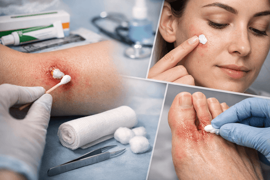 Doctor applying T Bact ointment to infected skin wounds, acne, and foot rash treatment.