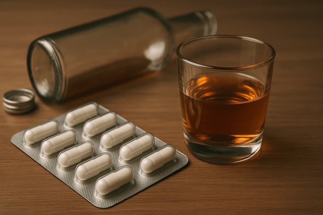Capsule blister beside drink—mixing pregabalin and alcohol increases risk.