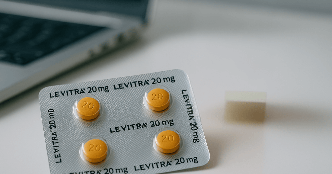 Levitra 20mg tablets pack placed near a laptop