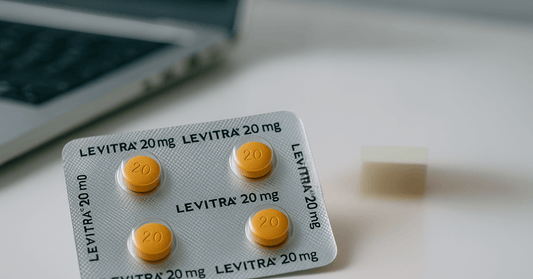 Levitra 20mg tablets pack placed near a laptop