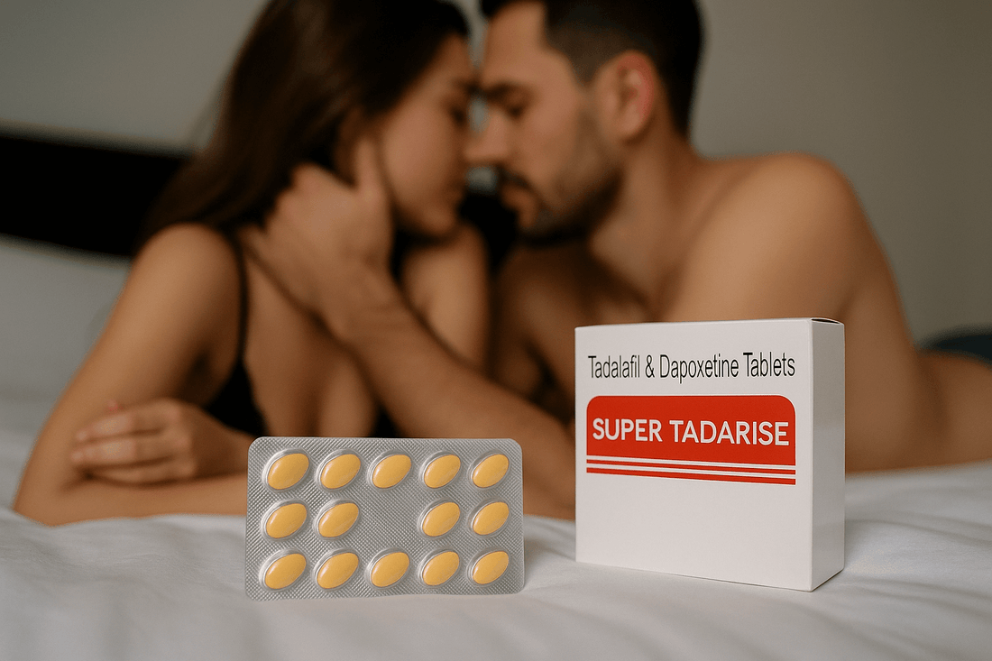 Super Tadarise tablets on a bed with a couple in the background