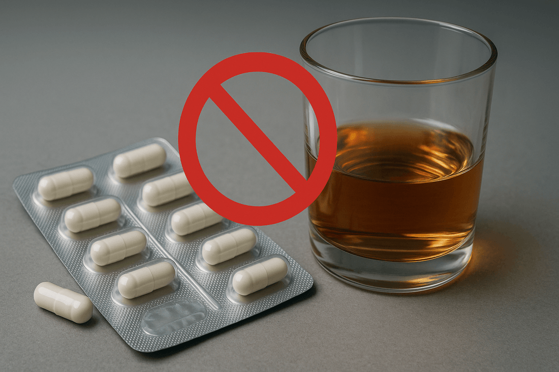 A blister pack of capsules beside a glass of alcohol with a red prohibition sign overlay, warning against mixing Pregabalin and alcohol.
