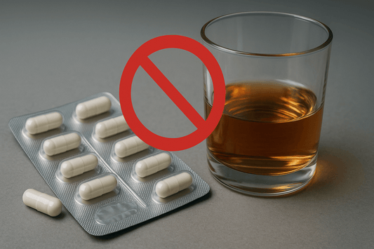 A blister pack of capsules beside a glass of alcohol with a red prohibition sign overlay, warning against mixing Pregabalin and alcohol.