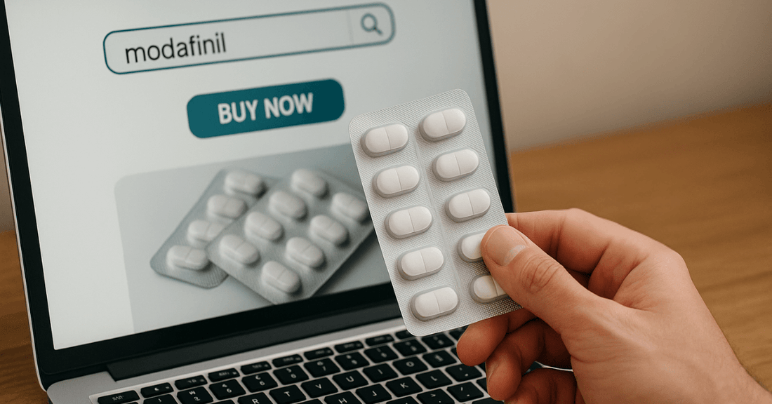 Hand holding Modafinil pills in front of a laptop showing online buying option