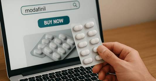 Hand holding Modafinil pills in front of a laptop showing online buying option