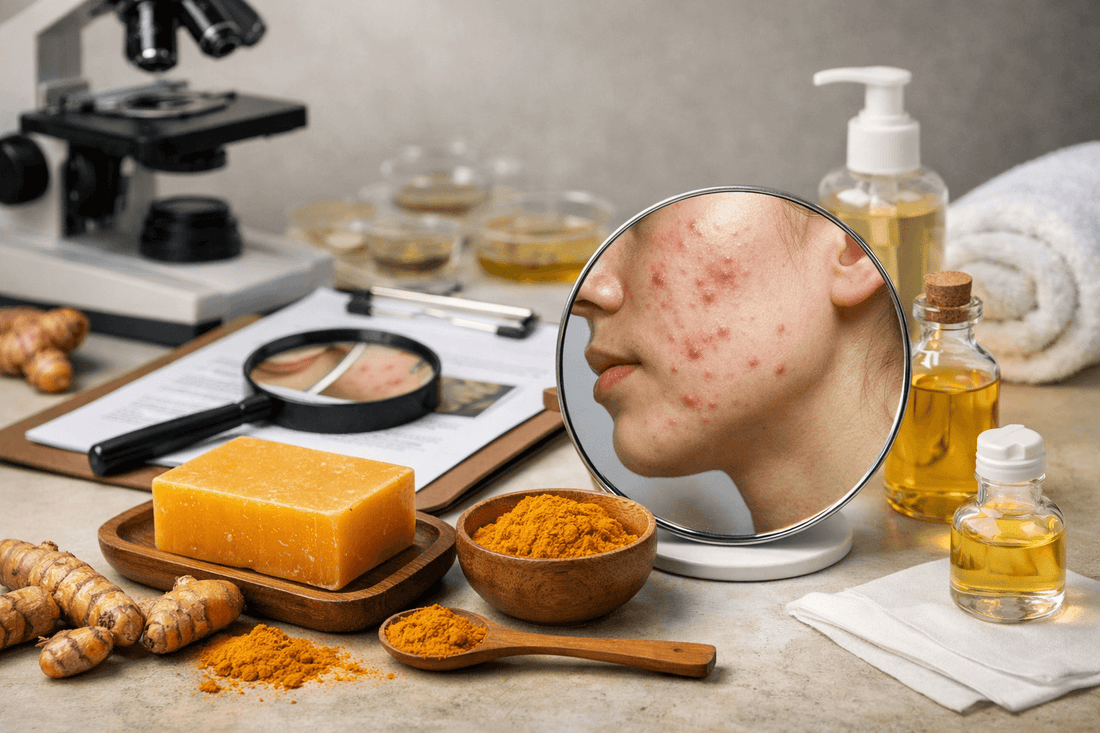 Turmeric soap and powder for acne treatment with inflamed facial pimples in a mirror.