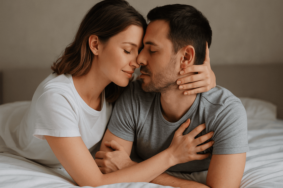 Couple sharing an intimate moment on bed.