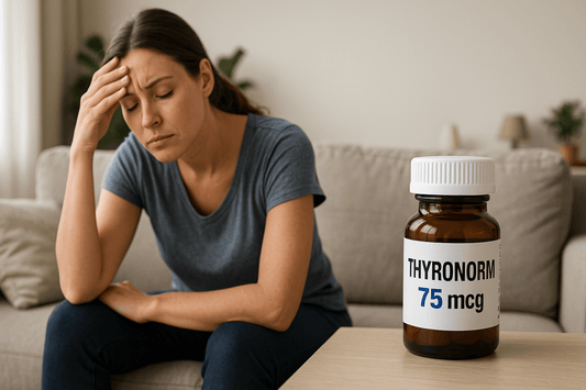 Thyronorm 75 mcg bottle beside tired woman with hypothyroidism symptoms at home.
