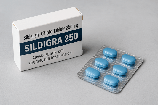 Sildigra 250mg sildenafil citrate tablets pack with blue tablets in blister strip