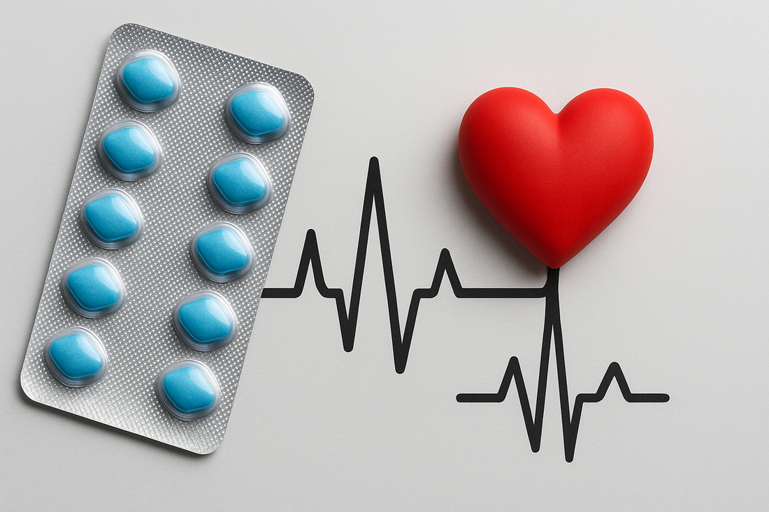 Blue sildenafil pills beside heart symbol showing heartbeat — sildenafil and heart failure connection.