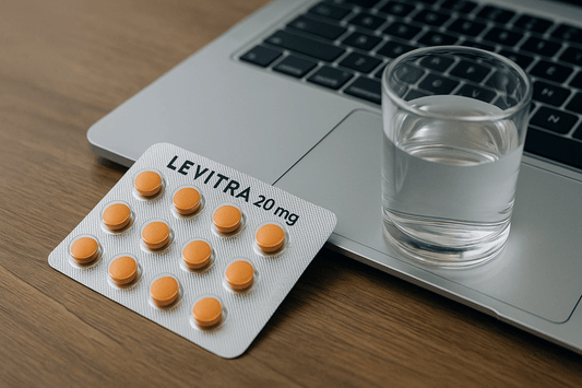 Levitra 20mg tablets with a glass of water beside a laptop.