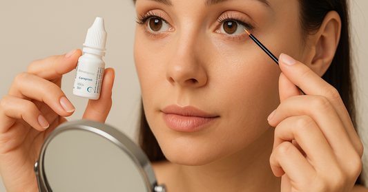 Woman applying Careprost lash serum along upper lash line with applicator