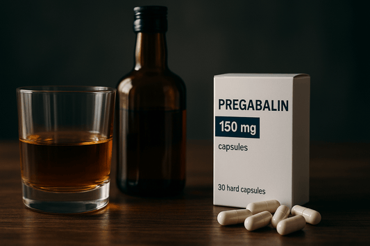 Alcohol and Pregabalin interaction showing capsules with alcohol drink risk.
