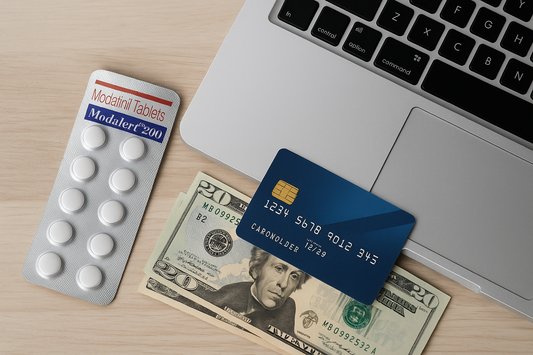 Modalert 200 blister pack beside laptop, credit card, and cash on a desk.