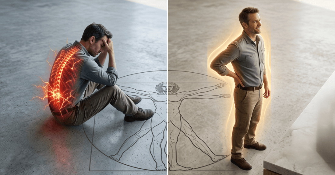 Before and after back pain relief illustration with spinal inflammation and healthy posture comparison