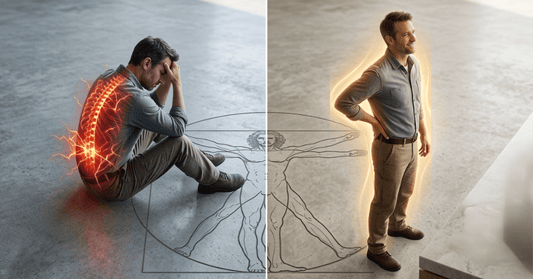Before and after back pain relief illustration with spinal inflammation and healthy posture comparison
