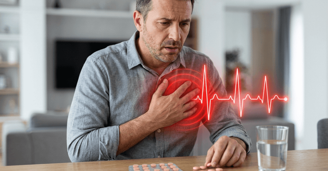 Man experiencing chest pain and irregular heartbeat reaching for Met XL 50 tablets with a glass of water