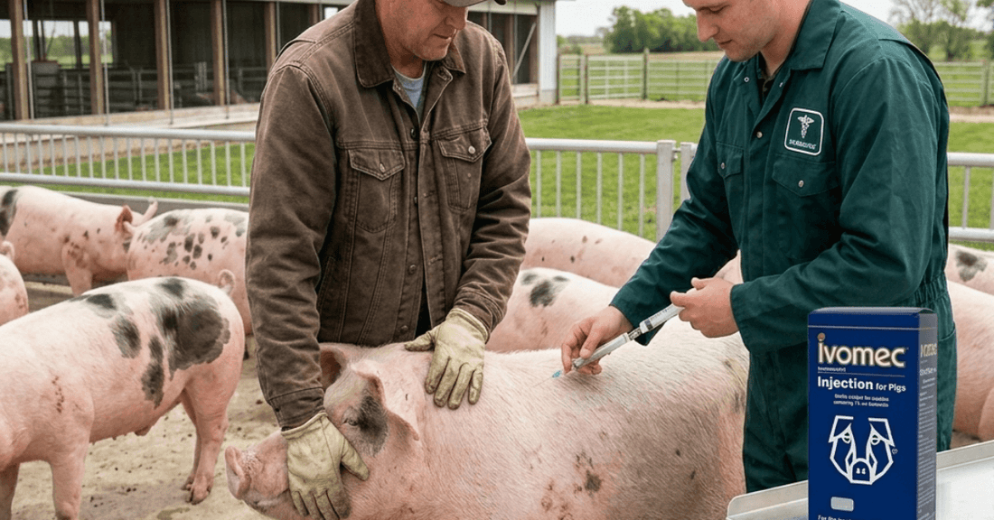 Veterinarian injecting Ivomec for pigs on a farm with a herd in the background