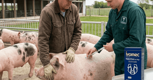 Veterinarian injecting Ivomec for pigs on a farm with a herd in the background