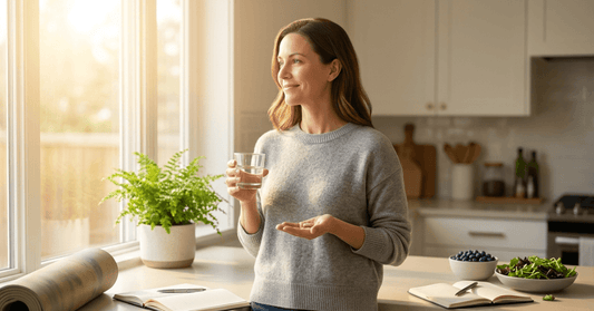 Woman's hand holding a small white LDN capsule with a glass of water and prescription pad on a morning kitchen table
