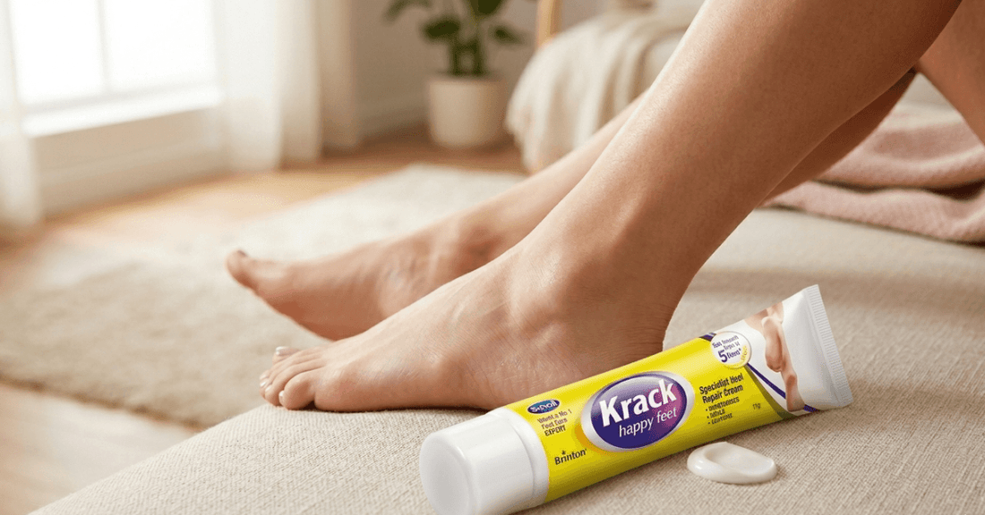Krack Happy Feet specialist heel repair cream tube next to smooth bare feet on a couch