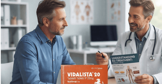 Doctor discussing Vidalista 20 mg tadalafil tablets with patient during ED consultation