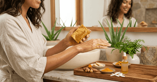 Woman in a bathrobe using turmeric soap for dark spots in a bright bathroom.