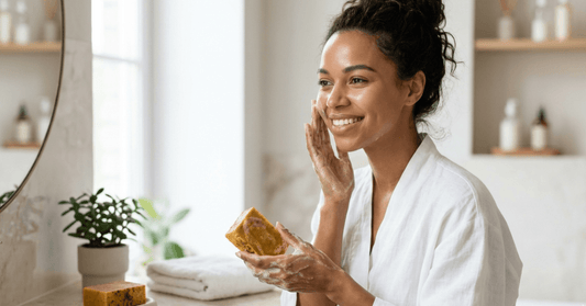Woman in white robe applying natural turmeric soap to face in bright bathroom with skincare products on shelves