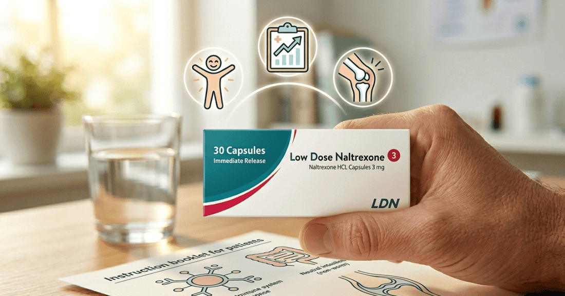 LDN 3mg immediate release naltrexone capsules with patient benefits icons