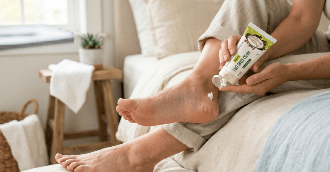 Person applying best foot cream for dry cracked heels from a tube