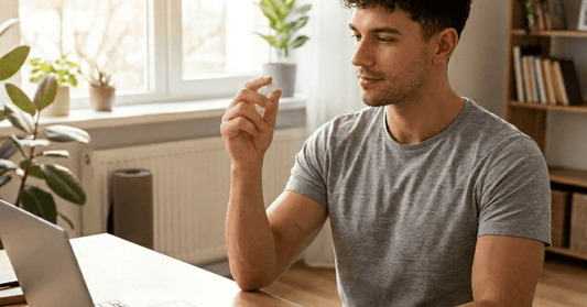Man holding Waklert 150 mg tablet at his desk
