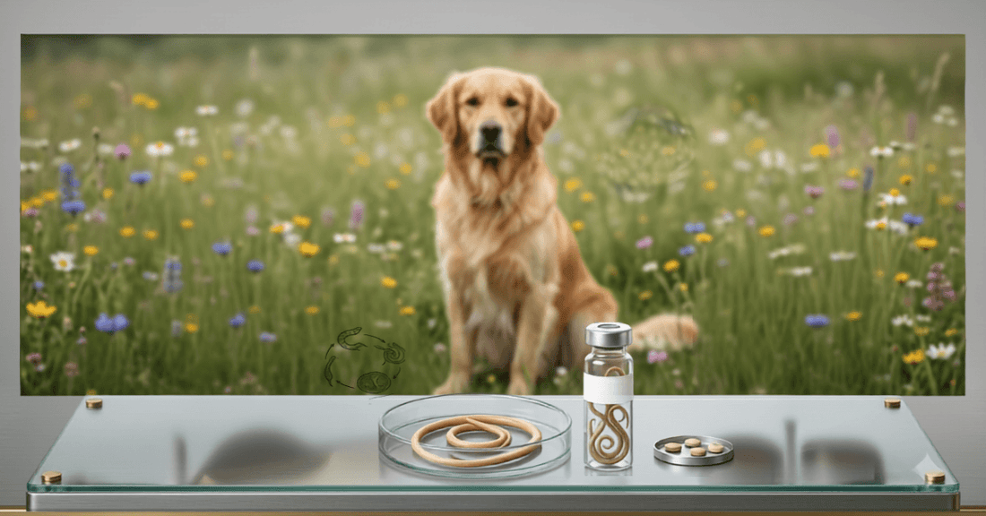 Golden Retriever in field with fenbendazole vial and deworming medication for dogs