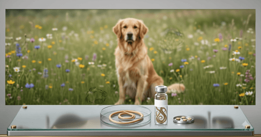 Golden Retriever in field with fenbendazole vial and deworming medication for dogs