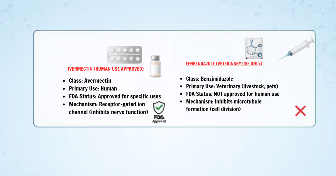 Ivermectin vs fenbendazole comparison showing drug class, FDA approval status, and mechanism for human vs veterinary use.Ivermectin vs fenbendazole comparison showing drug class, FDA approval status, and mechanism for human vs veterinary use.