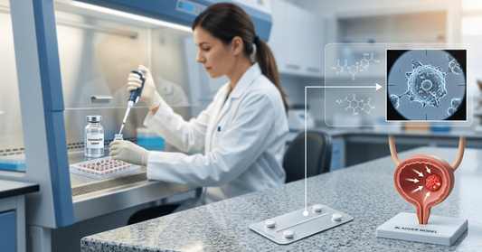 Researcher studying ivermectin tablets and bladder cancer model in a clinical laboratory with cancer cell microscopy display