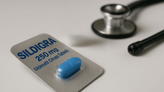 Sildigra 250mg Sildenafil tablet pack with stethoscope.