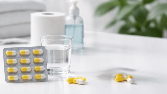 A blister pack of yellow capsules beside a water glass and hygiene items for diarrhea medication use.