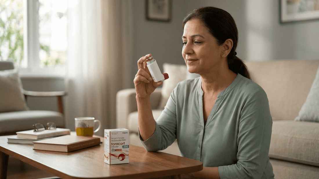 A person holding a Foracort 200 inhaler at home for daily respiratory maintenance.