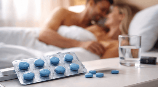 Sildigra 50 sildenafil tablets on bedside table with couple in background for erectile dysfunction treatment.