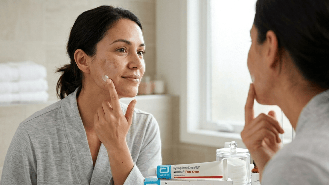 Woman applying Melalite Forte Cream on face for hyperpigmentation and dark spot treatment