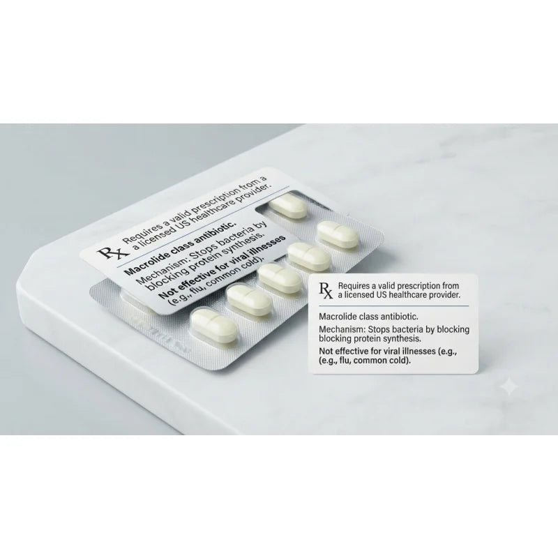 Blister pack of macrolide antibiotic tablets with prescription information label on a white surface.