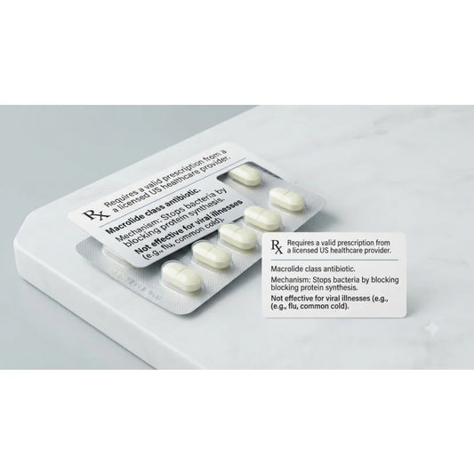 Blister pack of macrolide antibiotic tablets with prescription information label on a white surface.