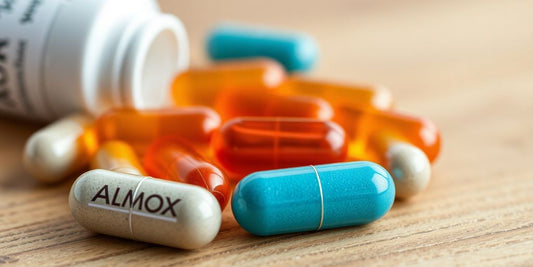 Almox capsules on a wooden surface.