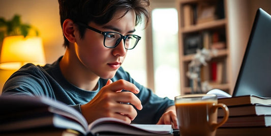 Person studying with coffee and books in bright room.