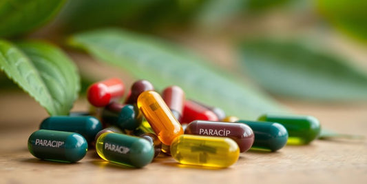 Colorful Paracip capsules on a wooden surface.