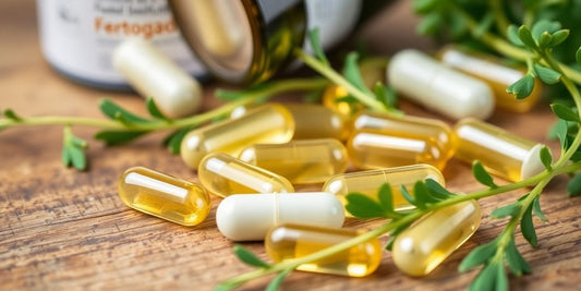 Fertogard capsules surrounded by fresh green herbs.